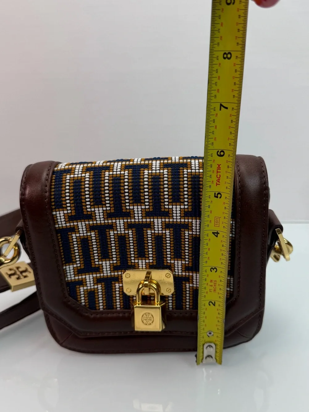 Tory Burch Mini Crossbody Bag Navy Brown Jacquard Lock Gold